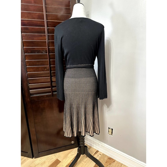 Spense Womens A Line Dress Black Tan Pleated Belted Scoop Neck Long Sleeve S - Picture 4 of 7